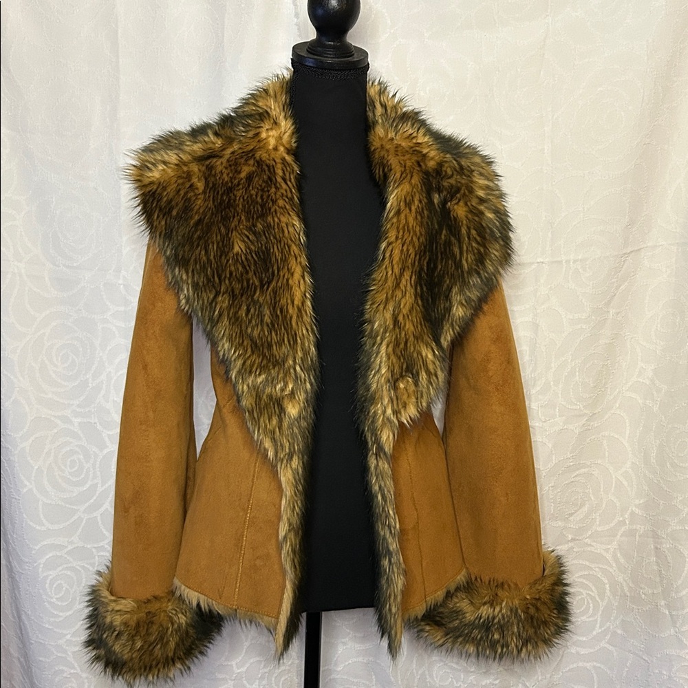 CACHE Y2K Vintage brown faux suede Teddy Jacket Faux Fur Trim Sz S Made in Korea